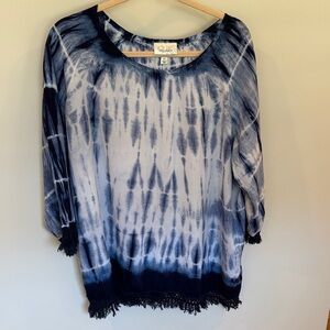 Dressbarn Navy and White Tie-Dye Fringe Hem Tunic